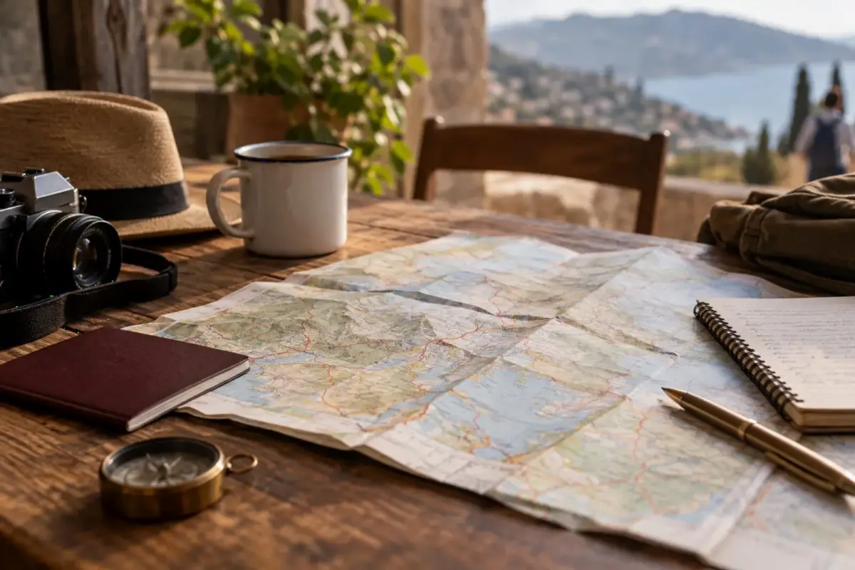 rapprochée d'une carte routière dépliée sur une table en bois, à côté d'un carnet